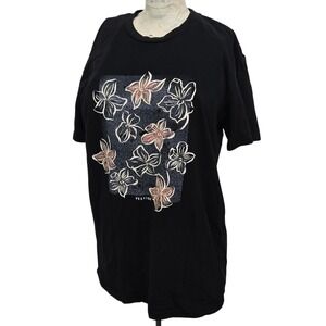 VESTIGE M Floral Graphic T Shirt Black‎ Minimalist Hibiscus Plumeria Art Tee